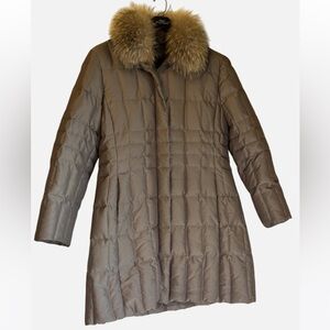 1 Madison Long Puffer Coat Taupe Fox Fur Removable Collar Quilted Jacket Med